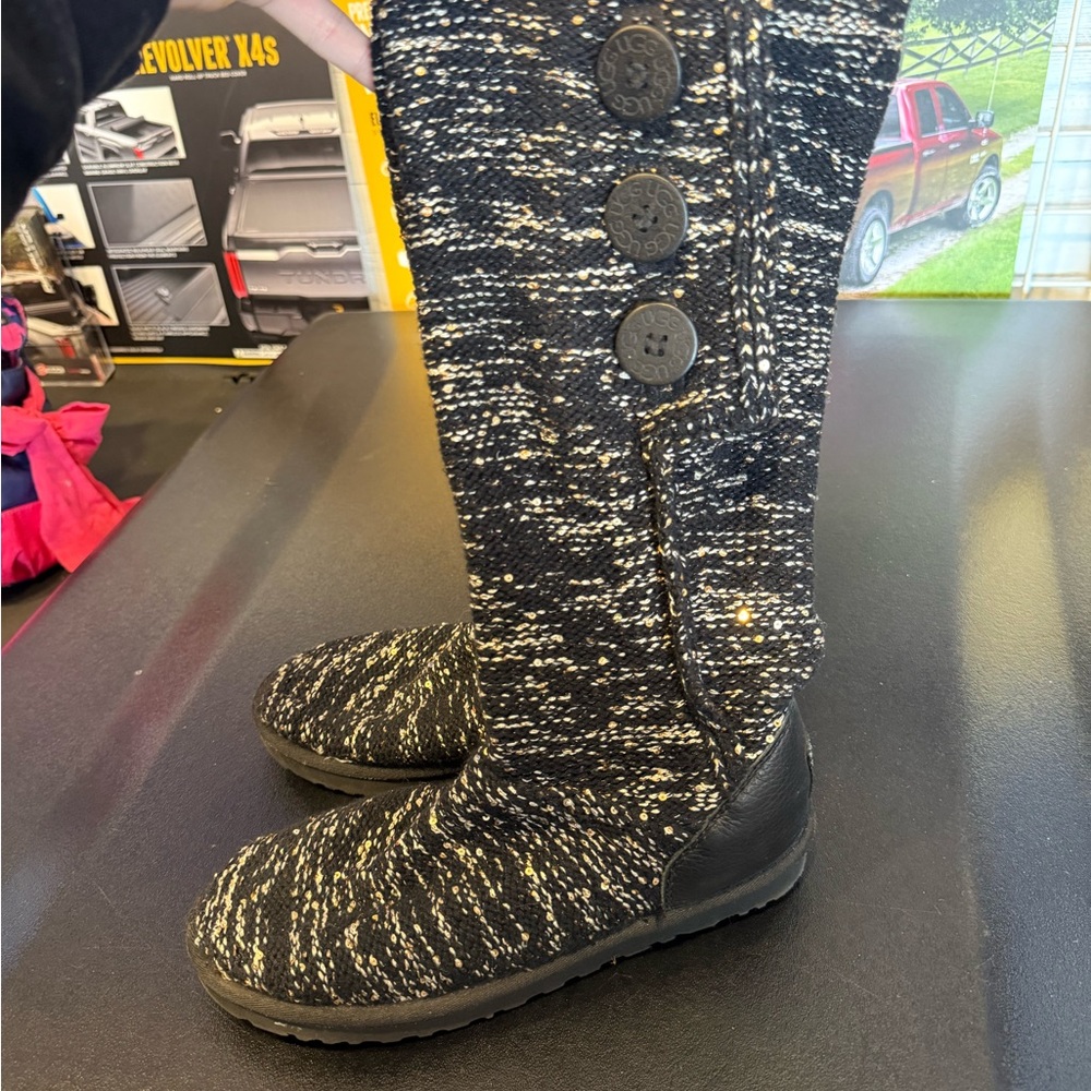 Black and White Knit Button UGG Boots
